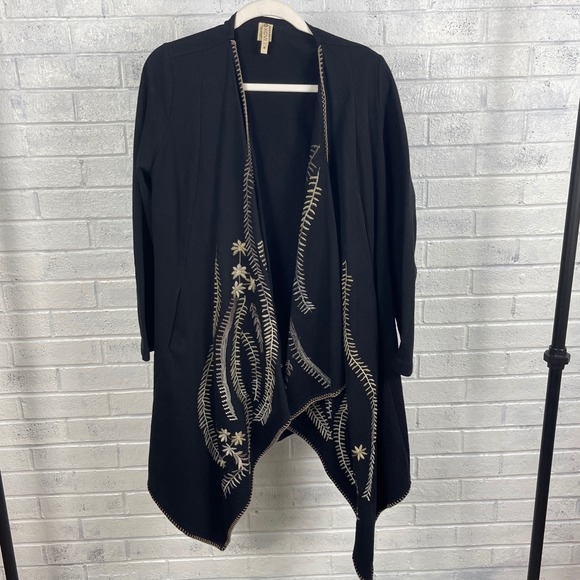 XCVI Sweaters - XCVI Black Embroidered Open Front Waterfall Cardigan Womens M Boho Lagenlook